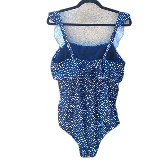 Kona Sol 1 Piece Swim 17 Dot Ruffle Shoulder One Piece Slim Swimsuit Navy Blue - Picture 3 of 14
